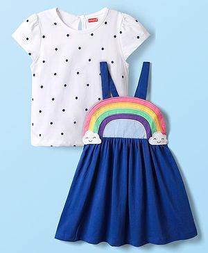 Babyhug Cotton Knit Half Sleeves Frock & Inner Tee with Polka Dot Print & Rainbow Design - Blue