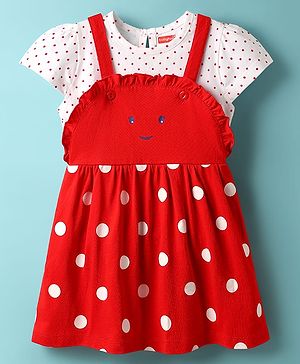 Babyhug Cotton Knit Frock & Cap Sleeves Inner Tee With Polka Dot Print - Red & White