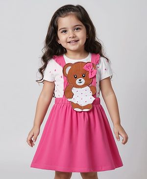 Babyhug Cotton Knit Frock & Cap Sleeves Inner Tee With Polka Dot Print & Animal Applique - Pink & White