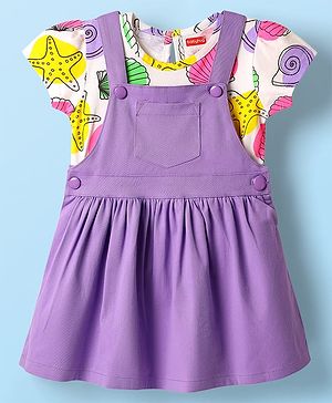 Babyhug Cotton Woven Frock & Half Sleeves Inner Tee With Sea Animals Print - Purple & White