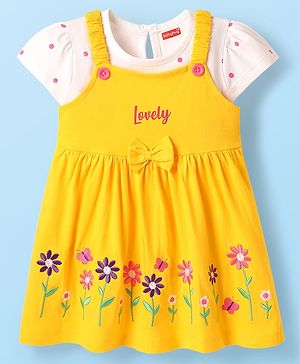 Babyhug Cotton Knit Floral Embroidered Frock & Half Sleeves Inner Tee With Polka Dot Print & Bow Applique - Yellow & White