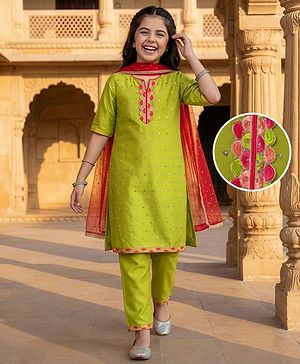 Pine Kids Woven Three Fourth Sleeves Kurta Palazzo Set with Dupatta Lace & Sequin Detailing - Green & Pink