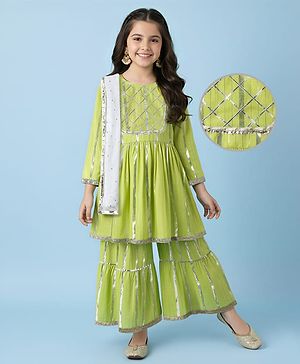 Pine Kids Woven Full Sleeves Kurta & Sharara Set With Dupatta With Lace Detailing - Yellow