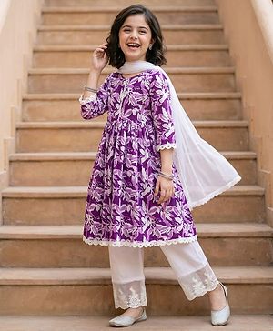Pine Kids Cotton Woven Three Fourth Sleeves Floral Printed Kurta Salwar & Dupatta Set - Purple