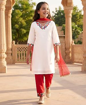 Pine Kids Woven Three Fourth Sleeves Floral Embroidered Kurti & Salwar Set with Dupatta - White & Red