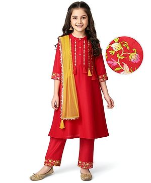 Pine Kids Woven Three Fourth Sleeves Kurta Churidar & Dupatta Set With Embriodery - Red