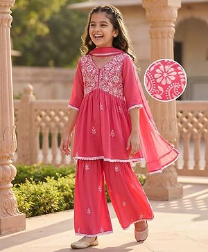 Pine Kids Woven Three Fourth Sleeves Kurti Palazzo Set with Dupatta & Floral Embroidery - Pink
