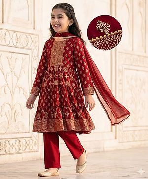 Pine Kids Three Fourth Bell Sleeves Indo western Sets with Jacket Embroidery & Sequin Detailing - Maroon