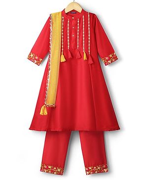 Pine Kids Woven Three Fourth Sleeves Kurti & Churidar Set With Dupatta Floral Embroidery & Pom Pom Detailing - Red