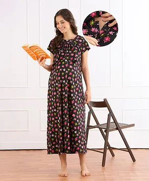Bella Mama Cotton Knit Half Sleeves
                              Concealed Zipper Floral Printed Nighty -
                              Black