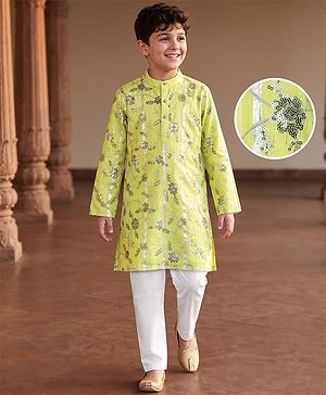 Pine Kids Woven Full Sleeves Kurta Pajama Set With Floral Embroidery & Sequin Detailing - Yellow & White