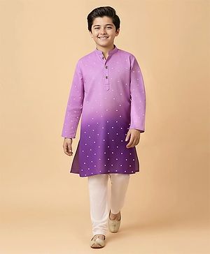 Pine Kids Woven Full Sleeves Kurta Pajama Set With Ombre Effect & Foil Print - Lilac