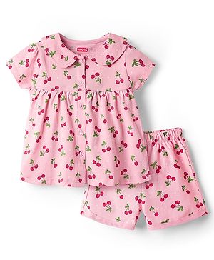 Babyhug Cotton Knit  Half Sleeves Co-ords Shorts Night Suit With Tropical Theme Print - Pink