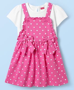 Babyhug Cotton Knit Half Sleeves Inner T-Shirt & Frock with Heart Print & Bow Applique  - Pink & White