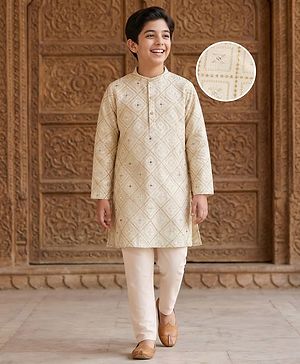 Pine Kids Woven Full Sleeves Kurta Pyjama Set with Floral Embroidery and Sequin Detailing - Offwhite & White
