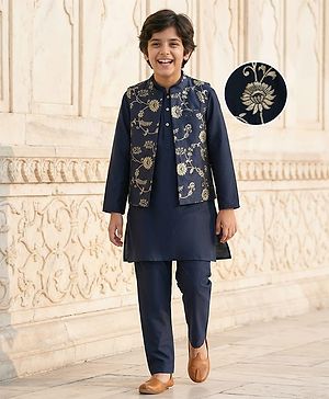 Pine Kids Woven Full Sleeves Kurta Pajama Set With Floral Design Jacket - Navy Blue