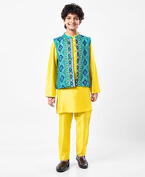 Pine Kids Woven Mandarin Collar Full Sleeves Kurta Pyjama Set With Floral Print Jacket - Yellow