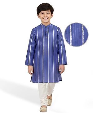 Pine Kids Woven Full Sleeves Kurta Pyjama Set with Stripes  - Blue & White