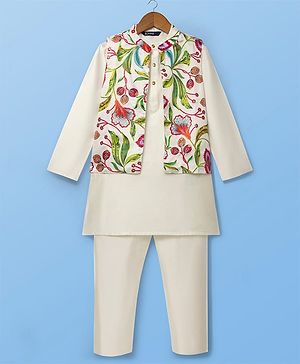 Pine Kids Woven Mandarin Collar Full Sleeves Kurta Pyjama Set With Floral Print & Sequin Detailing Jacket - White