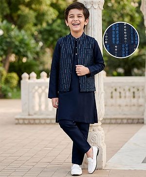 Pine Kids Woven Full Sleeves Mandarin Collar Kurta Pyjama Set With Sequin Detailing Jacket - Blue