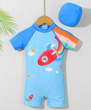Babyhug Half Raglan Sleeves Legged Swimsuit With Rocket Print & Cap - Light Blue