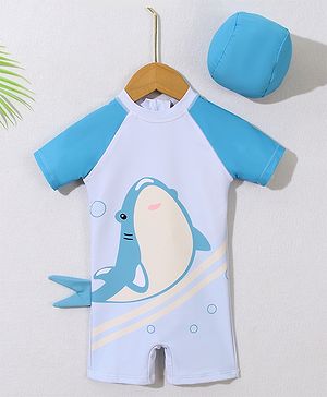 Babyhug Half Raglan Sleeves Legged Swimsuit With Shark Print & Cap - Light Blue