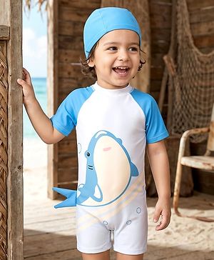 Babyhug Half Raglan Sleeves Legged Swimsuit With Shark Print & Cap - Light Blue
