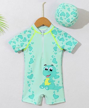 Babyhug Half Raglan Sleeves Legged Swimsuit With Dino Print & Cap - Sea Green