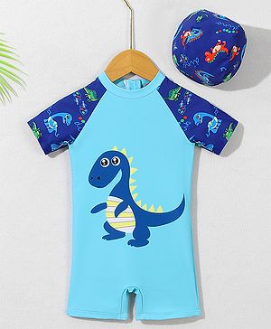 Babyhug Half Raglan Sleeves Legged Swimsuit With Dino Print & Cap - Light Blue
