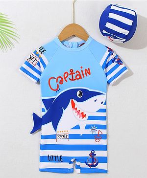 Babyhug Half Raglan Sleeves Legged Swimsuit With Shark Print & Cap - Light Blue