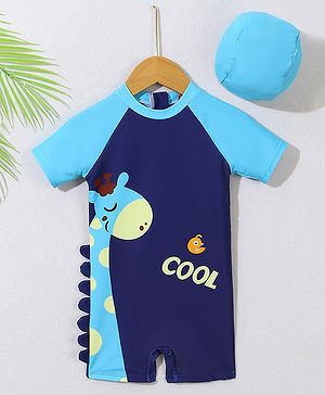 Babyhug Half Raglan Sleeves Legged Swimsuit With Giraffe Print & Cap - Navy Blue