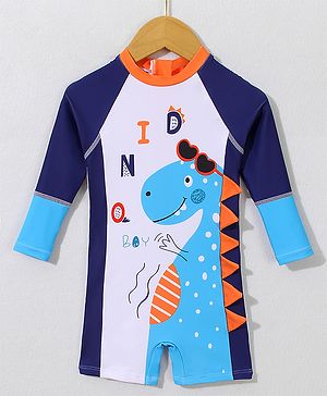 Babyhug Full Raglan Sleeves Legged Swimsuit With Dino Print - White