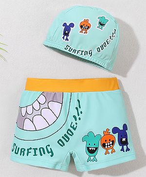 Babyhug Swimming Trunk With Animal Print & Cap - Sea Green