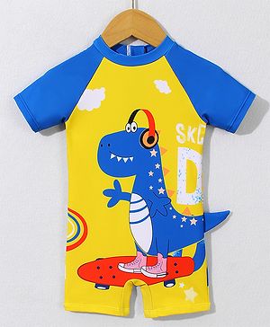 Mark & Mia Half Raglan Sleeves Legged Swimsuit With Dino Print - Yellow