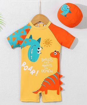 Mark & Mia Half Raglan Sleeves Legged Swimsuit With Dino Print & Cap - Orange