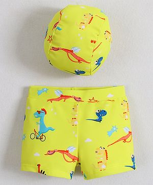 Babyhug Swimming Trunks With Dino Print & Cap - Yellow