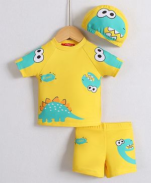Babyhug Half Raglan Sleeves Two Piece Swimsuit With Dino Print & Cap - Yellow