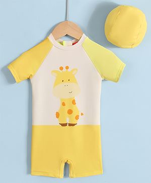 Babyhug Half Raglan Sleeves Legged Swimsuit With Giraffe Print & Cap - Yellow