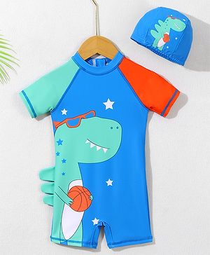 Mark & Mia Half Raglan Sleeves Legged Swimsuit With Dino Print & Cap - Blue