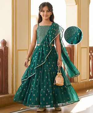 Pine Kids Woven Sleeveless Lehenga Choli Set With Foil Print & Dupatta - Teal Blue