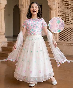 Pine Kids Woven Half Sleeves Choli Lehenga Set with Dupatta & Sequin Detailing - White
