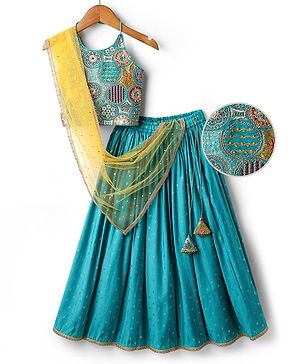 Pine Kids Woven Sleeveless Embroidered Choli & Floral Foil Printed Lehenga With Dupatta - Teal Blue & Yellow