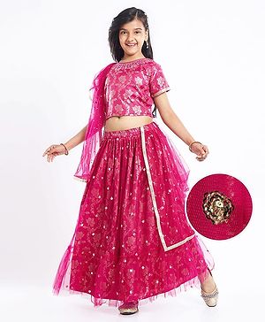 Pine Kids Woven Floral Printed Choli Lehenga With Dupatta Set & Sequin Embroidery - Pink
