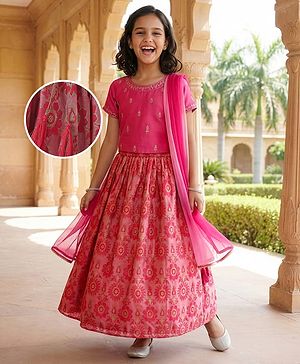Pine Kids Woven Half Sleeves  Choli Lehenga Set with Dupatta & Floral Print & Embroidery - Dark Pink