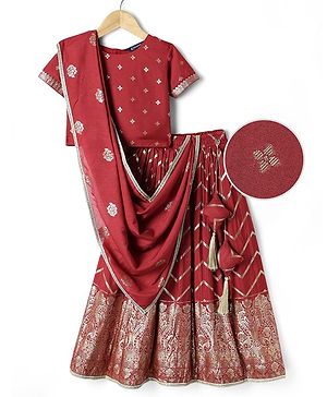 Pine Kids Woven Half Sleeves Choli Lehenga & Dupatta Set With Floral Print - Red