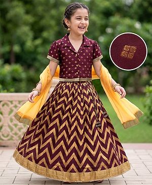Pine Kids Woven Half Sleeves Choli Lehenga Set with Dupatta & Zari Detailing - Wine