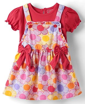 Babyhug Cotton Woven Half Sleeves Inner T-Shirt & Frock with Floral & Bow Applique  - Pink & Red