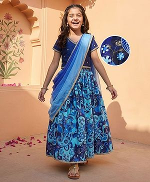 Pine Kids Woven Half Sleeves Choli Lehenga Set with Dupatta Floral Print Embroidery & Sequin Detailing - Blue