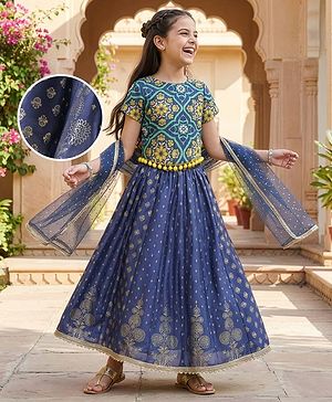 Pine Kids Woven Half Sleeves Floral Printed Choli Lehenga Set with Dupatta - Navy Blue