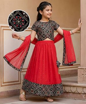 Pine Kids Woven Half Sleeves  Choli Lehenga Set with Dupatta Floral Embroidery & Sequin Detailing -Red & Black